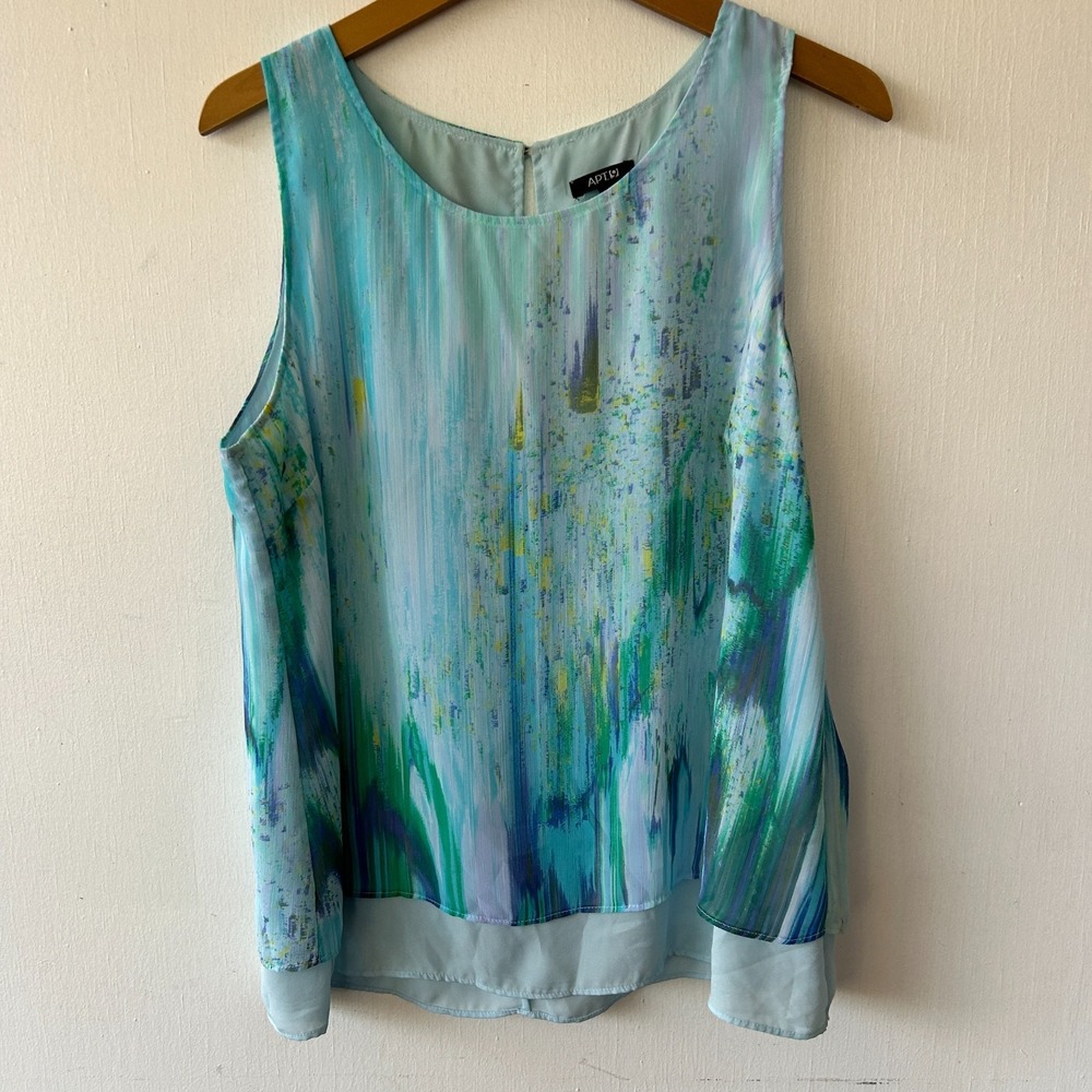 Apt 9 Sleeveless Blouse Blue Womens Large Pink Flowy Lined Art to Wear Fairy